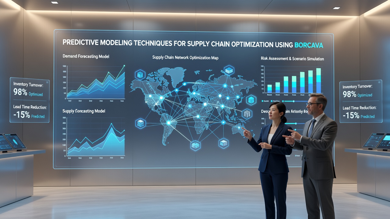 Supply chain network visualization within Borcava showing optimized routes, supplier risk scores, and predictive inventory levels across multiple regions